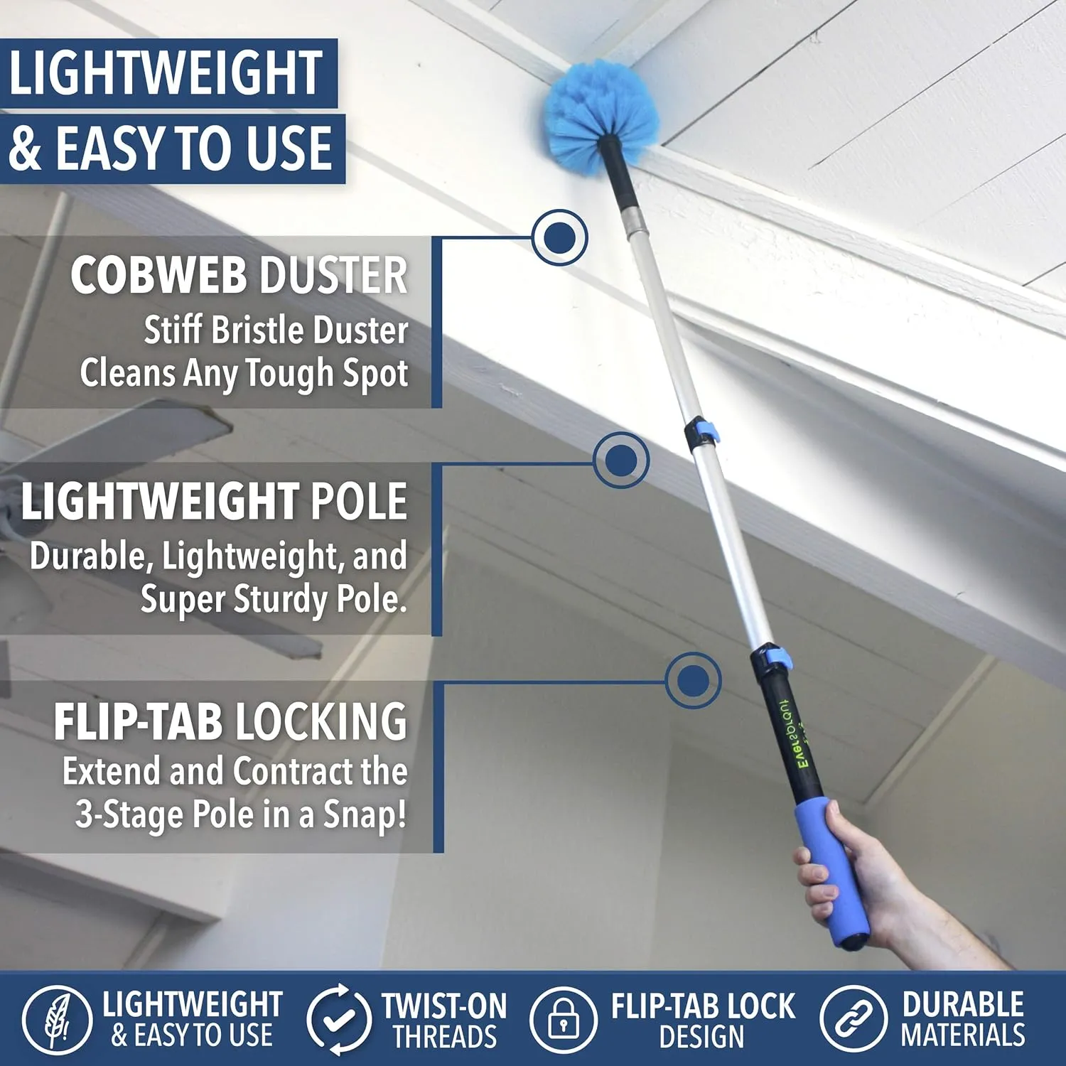 EVERSPROUT 1.5-to-3 Foot Cobweb Duster and Extension-Pole Combo (8-10 Ft Standing Reach, Medium-Stiff Bristles) | Lightweight 3-Stage Aluminum Pole | Hand-Packaged Indoor/Outdoor Use Brush Attachment