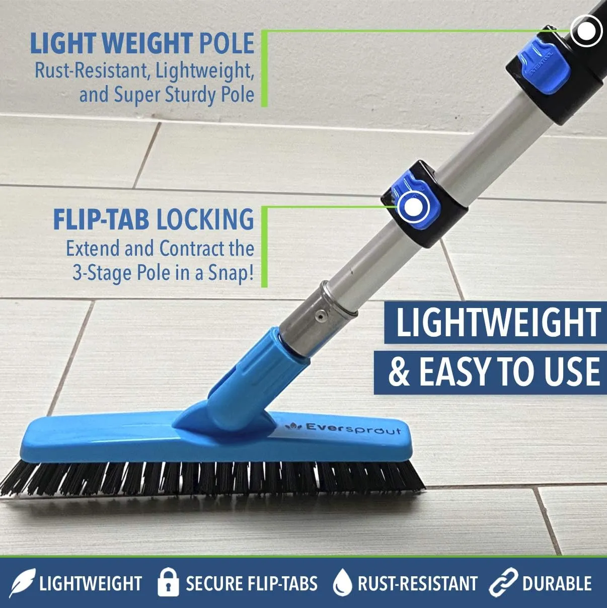 EVERSPROUT 1.5-to-3 Foot Grout Brush Scrubber Pro w/Long Handle Pole | Stiff V-Shape Bristles Built for Corners & Tough Grime | Swivel Design Cleans Shower Tile, Kitchen, Bathroom, Outdoor Concrete