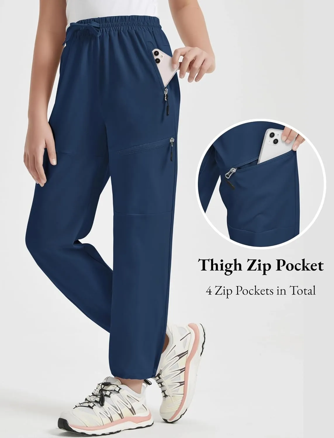 EXARUS Girls Joggers Hiking Pants Water Resistant Kids Athletic Quick Dry Lightweight Zip Pockets High Waisted 6-14Y