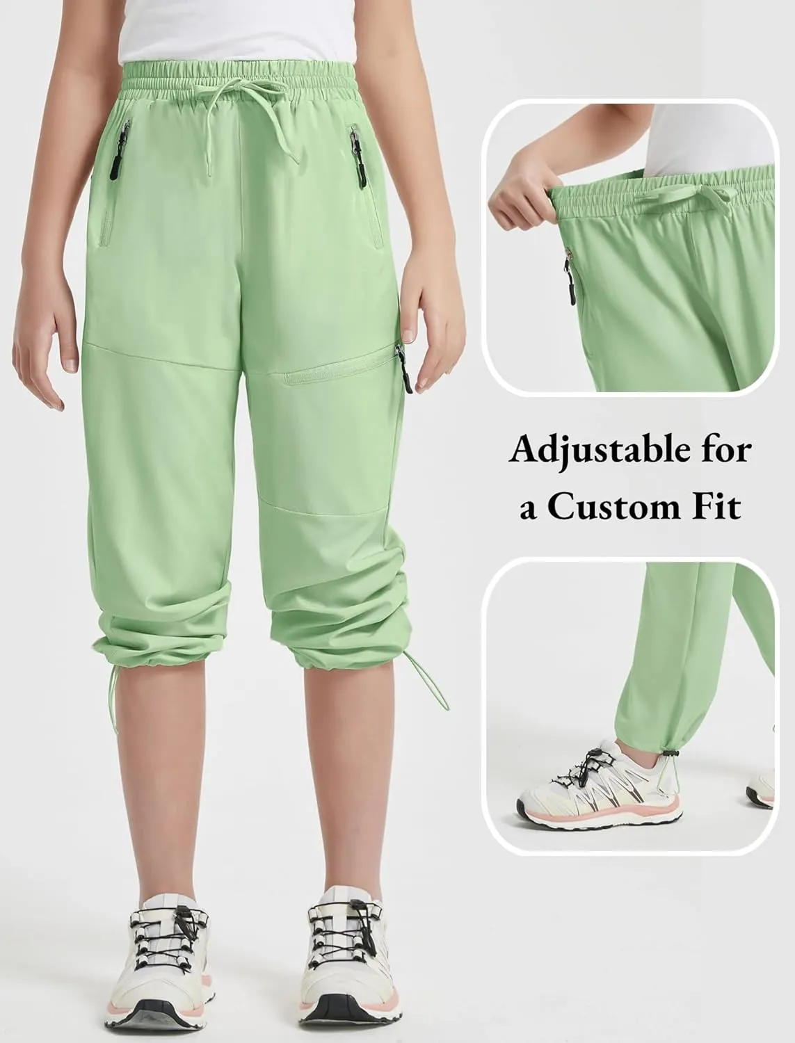 EXARUS Girls Joggers Hiking Pants Water Resistant Kids Athletic Quick Dry Lightweight Zip Pockets High Waisted 6-14Y