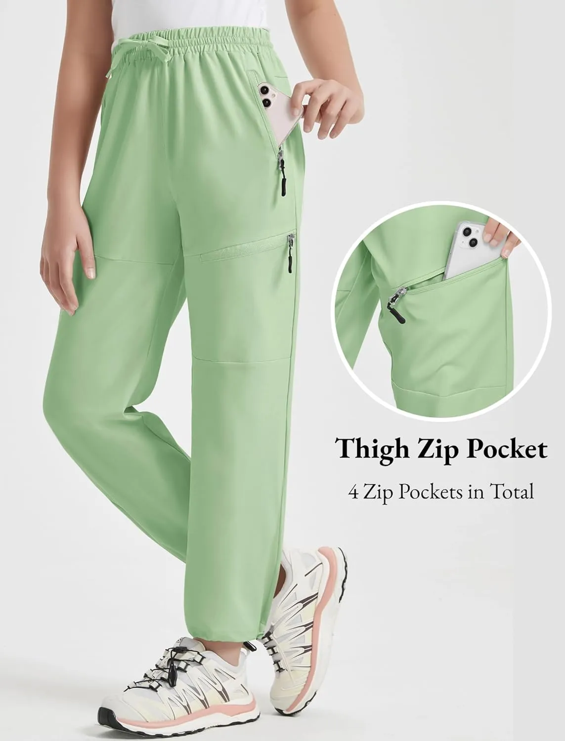 EXARUS Girls Joggers Hiking Pants Water Resistant Kids Athletic Quick Dry Lightweight Zip Pockets High Waisted 6-14Y