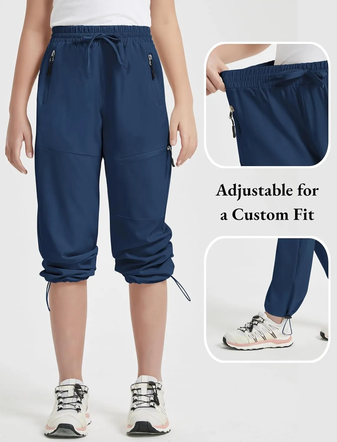 EXARUS Girls Joggers Hiking Pants Water Resistant Kids Athletic Quick Dry Lightweight Zip Pockets High Waisted 6-14Y