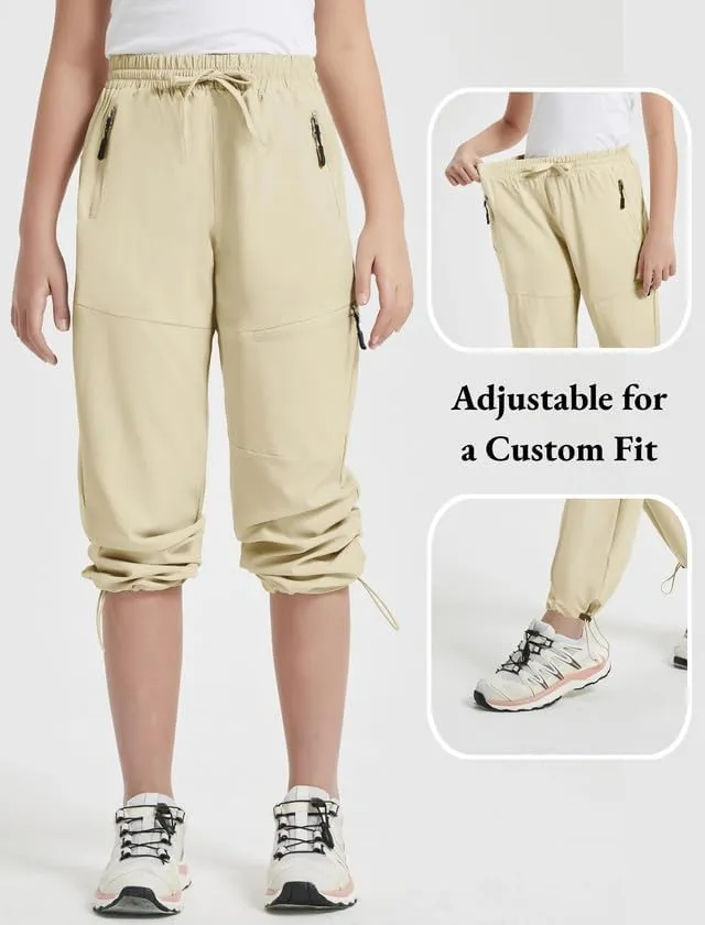 EXARUS Girls Joggers Hiking Pants Water Resistant Kids Athletic Quick Dry Lightweight Zip Pockets High Waisted 6-14Y