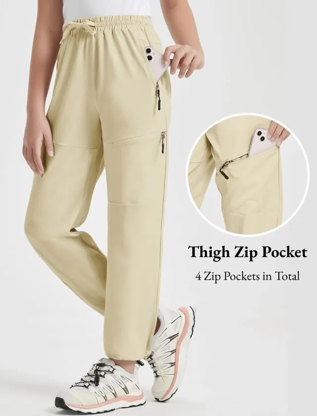 EXARUS Girls Joggers Hiking Pants Water Resistant Kids Athletic Quick Dry Lightweight Zip Pockets High Waisted 6-14Y
