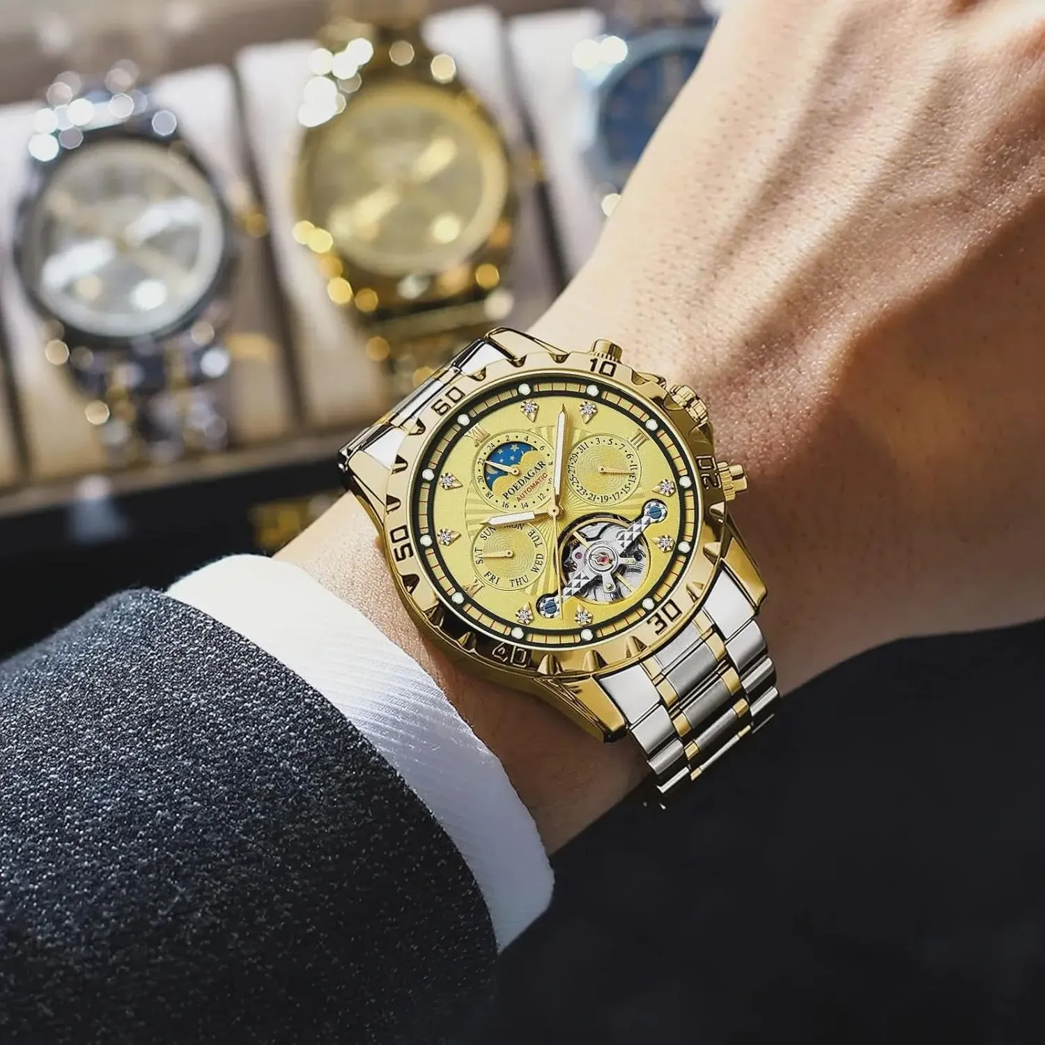 Fashionable Men's Watch Luxury Automatic Mechanical Watch Tourbillon Waterproof Luminous Date Week Men Wristwatch Stainless Steel Men's Watches