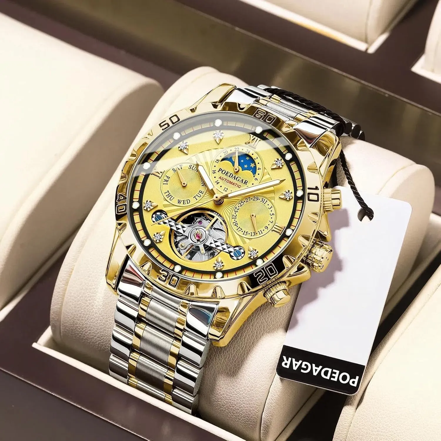 Fashionable Men's Watch Luxury Automatic Mechanical Watch Tourbillon Waterproof Luminous Date Week Men Wristwatch Stainless Steel Men's Watches