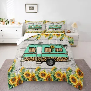 Feelyou Camping Travel Car Bedding Set Camper Comforter Set for Kids Boys Girls Teens Happy Camping Theme Comforter Breathable Vintage Wooden Floral Duvet Set Room Decor Quilt Set Twin Size