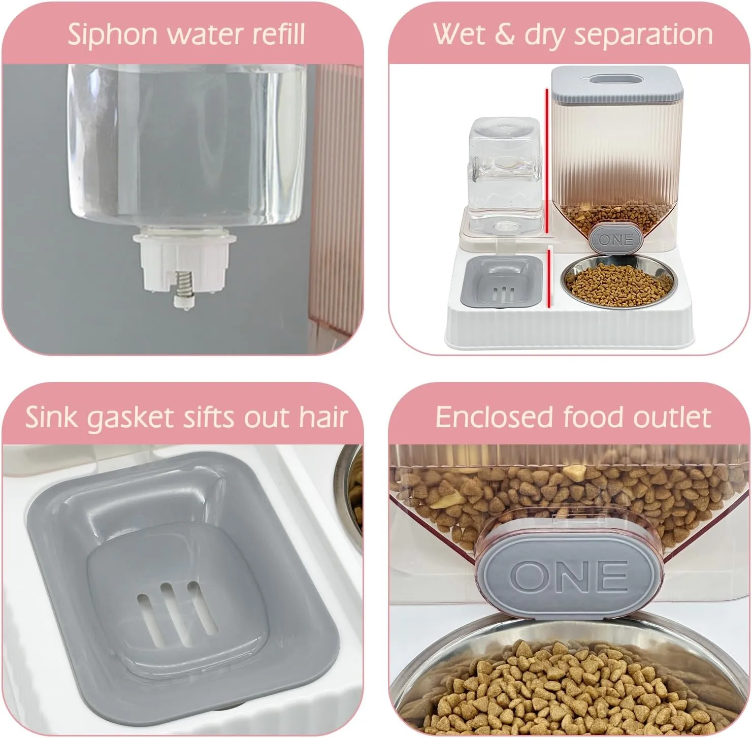 Fhiny Gravity Cat Feeder & Water Dispenser, 2 in 1 Automatic Puppy Waterer Removable Stainless Steel Food Bowls Set Self Feeding Pet Food Storage for Cat Kitten Puppy Easy Clean (Grey)