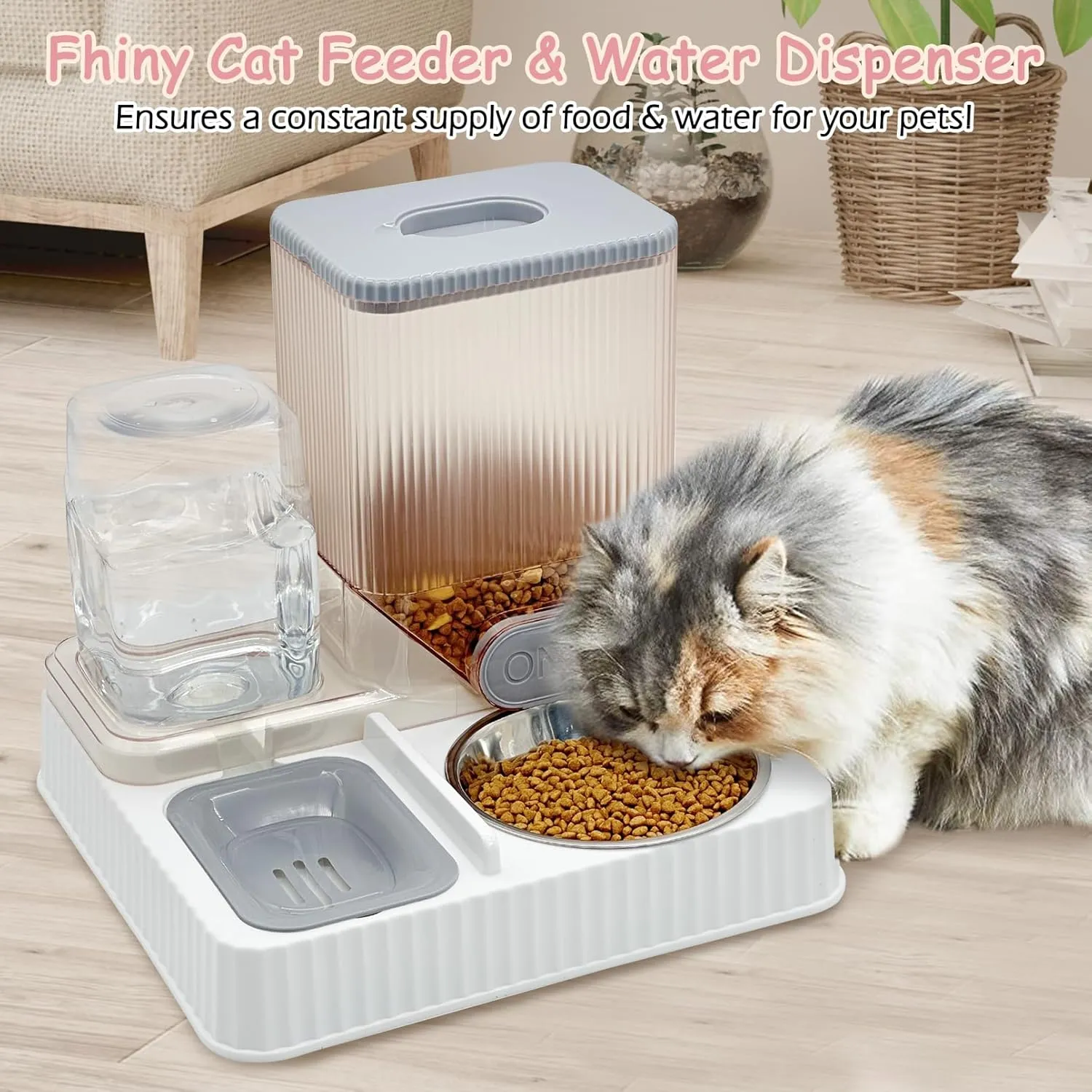 Fhiny Gravity Cat Feeder & Water Dispenser, 2 in 1 Automatic Puppy Waterer Removable Stainless Steel Food Bowls Set Self Feeding Pet Food Storage for Cat Kitten Puppy Easy Clean (Grey)