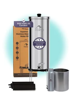 Filteroo® Superoo Countertop Gravity Water Filter System - 3.17 Gal/12L | 304 Stainless Steel | 2 Carbon Filters | NSF/ANSI Tested Gravity-Fed Water Purifier | Remove Bacterias & Heavy Metals