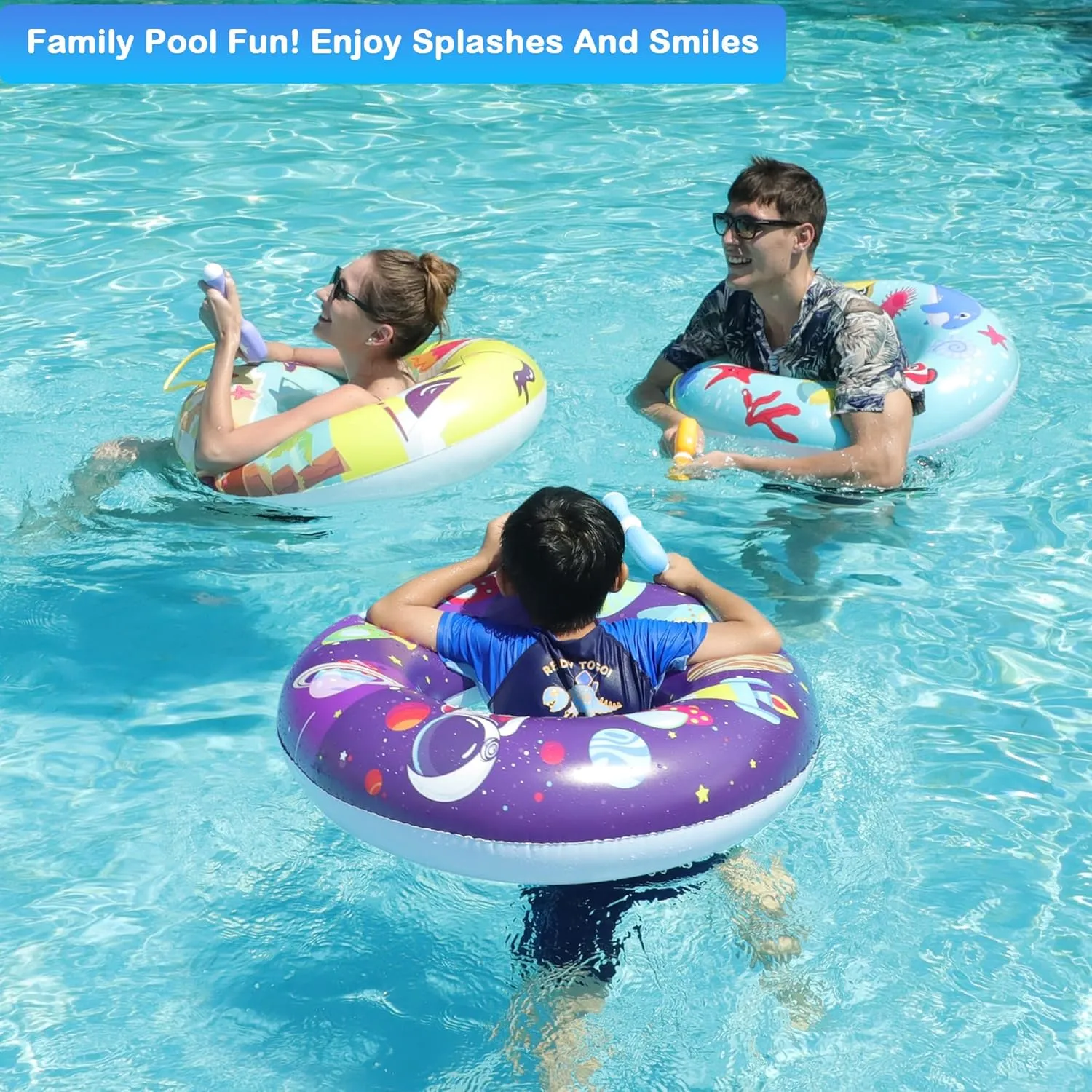FindUWill Pool Floats with Water Guns Kids, Inflatable Pool Swim Tubes with Beach Ball, Pool Floaties Toys Inner Tube with Squirt Guns for Kids Ages 8-12, Beach Swimming Party Toys for Adults