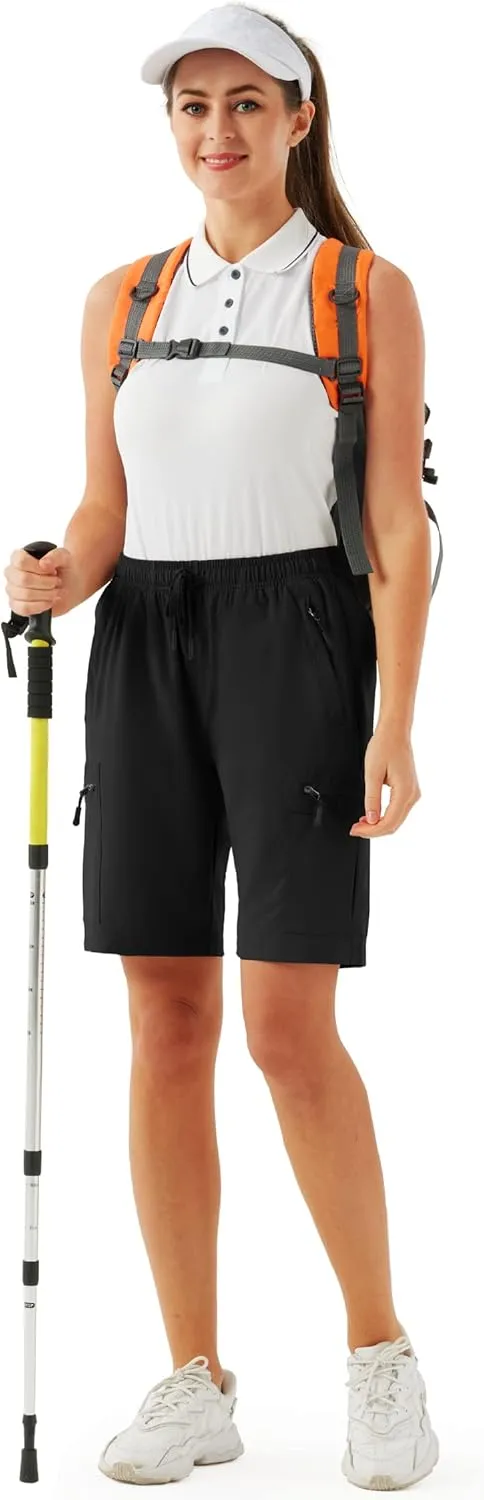 FIRST WAY Women's Hiking Cargo Shorts Quick Dry Lightweight 9'' Bermuda Shorts with Zipper Pockets for Golf Active