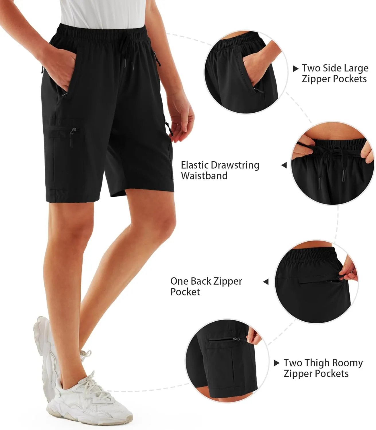 FIRST WAY Women's Hiking Cargo Shorts Quick Dry Lightweight 9'' Bermuda Shorts with Zipper Pockets for Golf Active