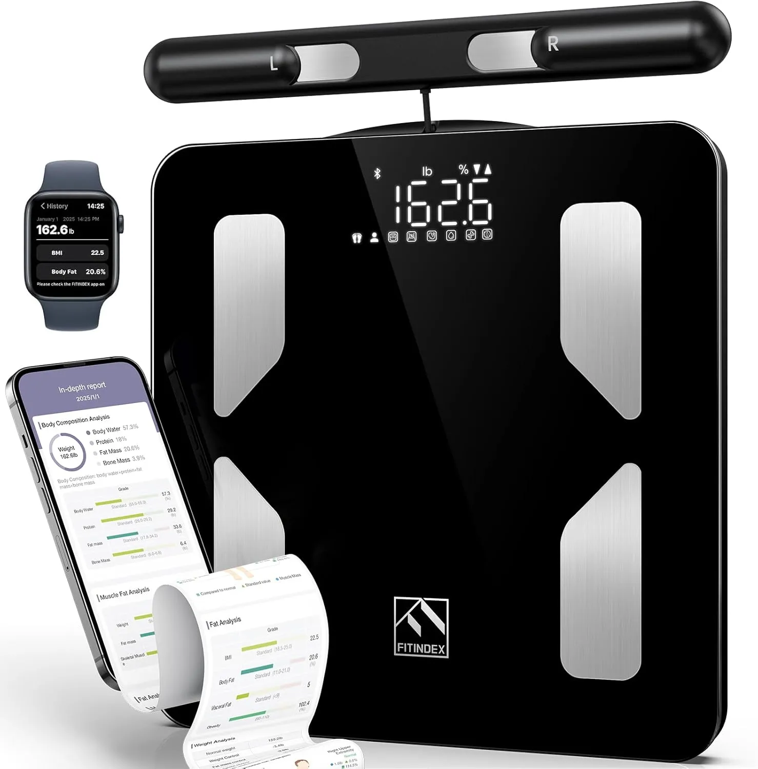 FITINDEX Body Composition Scale for Body Weight, Fathers Day Gifts for Dad, Smart 8-Electrodes with BMI, Body Fat, Muscle Mass, 50 Composition Measurements, Bluetooth, FSA or HSA Eligible
