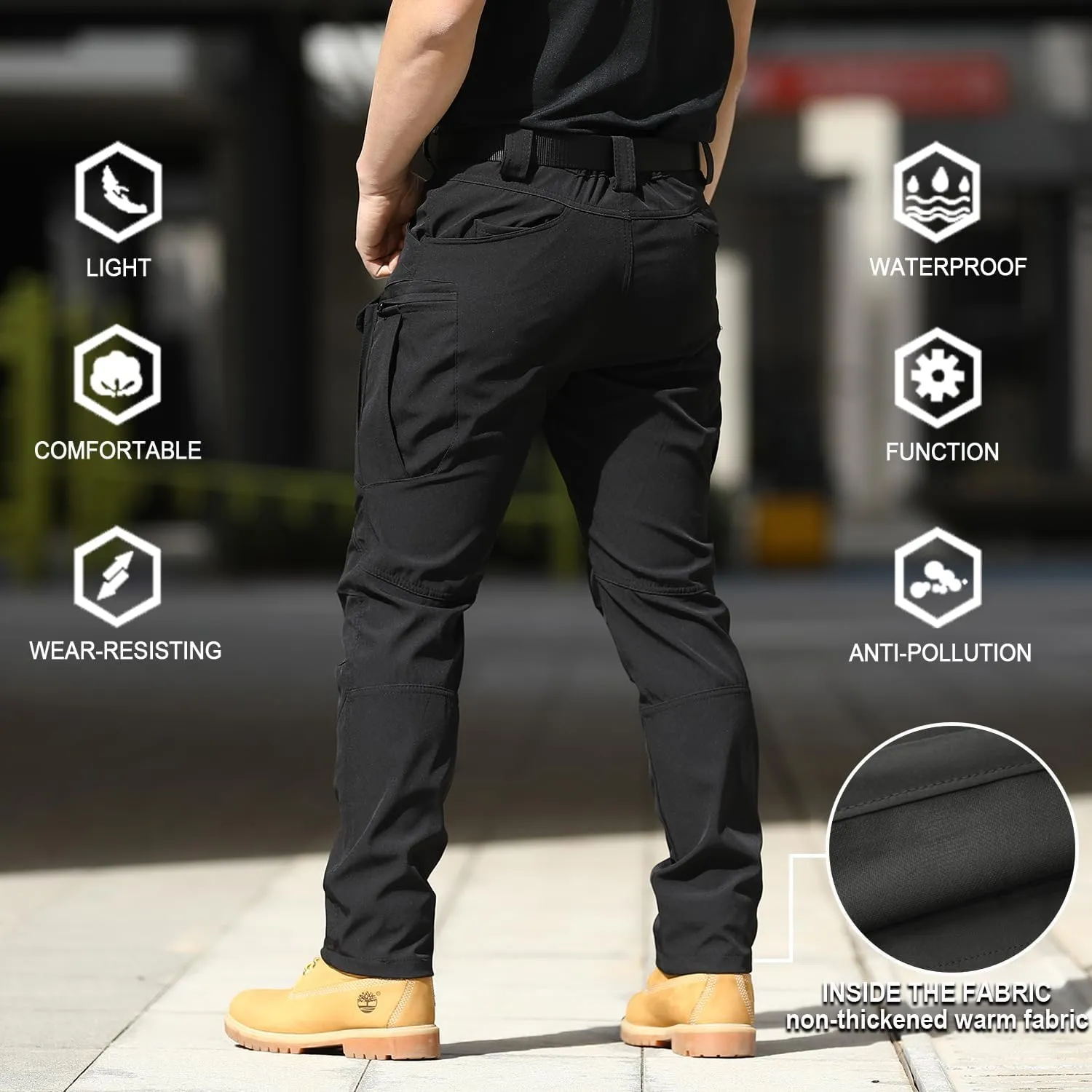 FLYFIREFLY Men's Cargo Hiking Pants Lightweight Waterproof Tactical Pants Outdoor Work Pants with Pockets(No Belt)