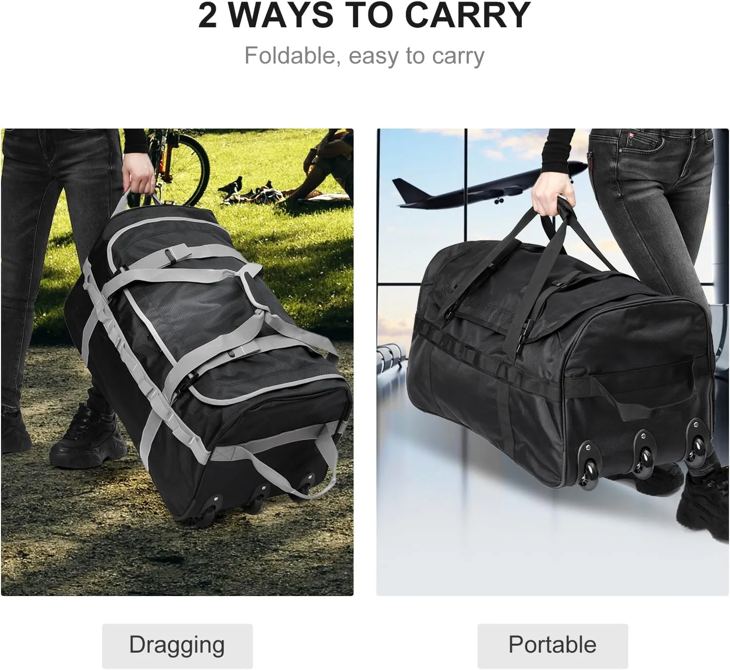 Foldable Duffel Bag with 3 Wheels.85L Rolling Duffle Bag Luggage Suitcase Outdoor Sports Carry On Garment Bags for Travel Camp (Blue)