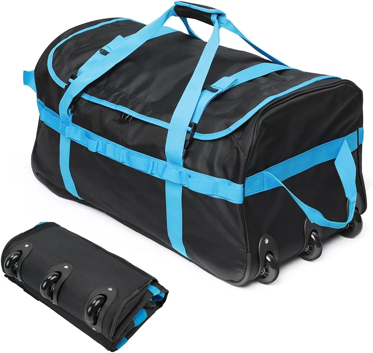 Foldable Duffel Bag with 3 Wheels.85L Rolling Duffle Bag Luggage Suitcase Outdoor Sports Carry On Garment Bags for Travel Camp (Blue)