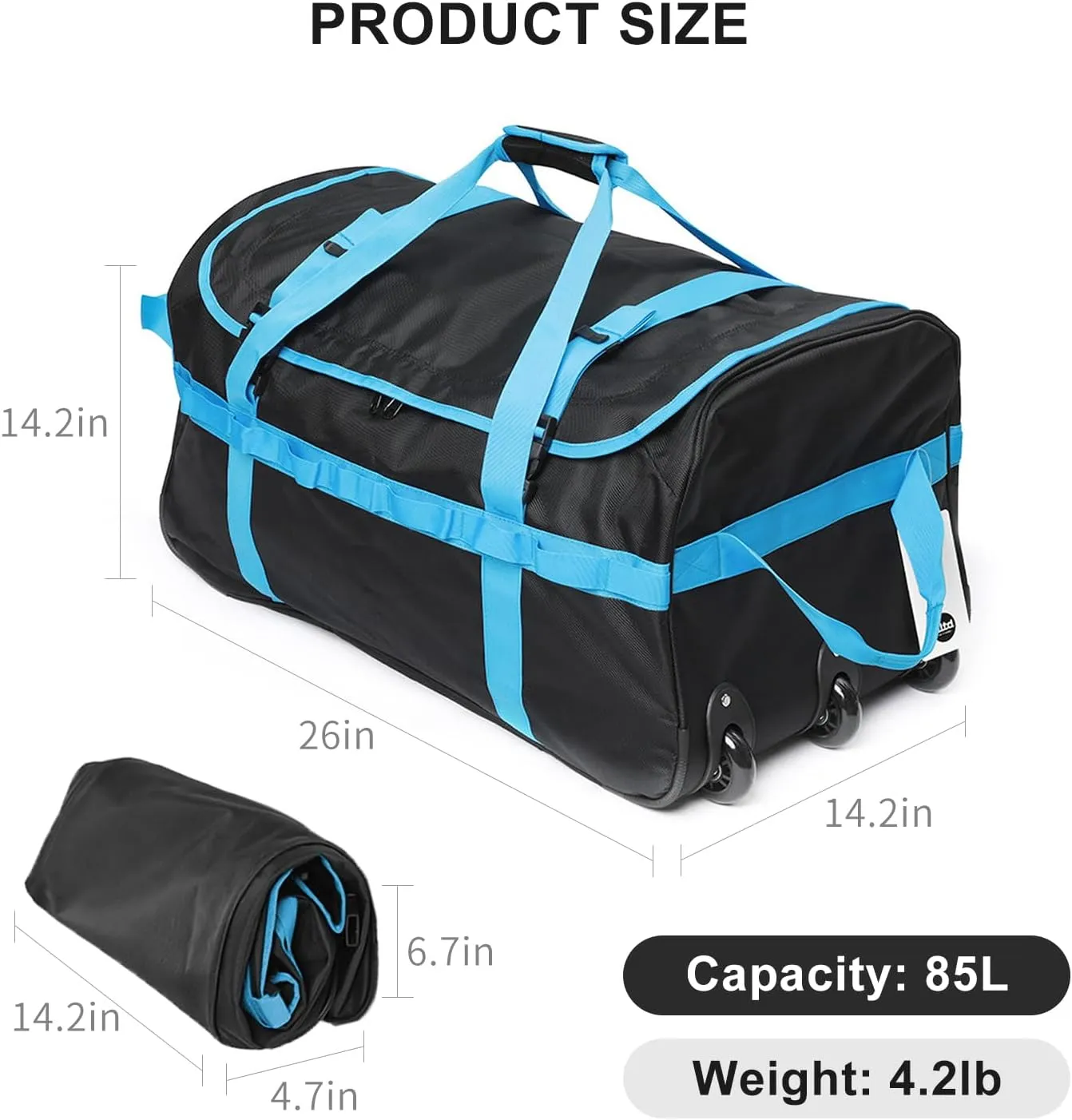 Foldable Duffel Bag with 3 Wheels.85L Rolling Duffle Bag Luggage Suitcase Outdoor Sports Carry On Garment Bags for Travel Camp (Blue)