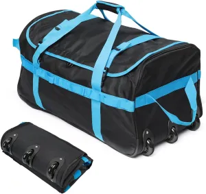 Foldable Duffel Bag with 3 Wheels.85L Rolling Duffle Bag Luggage Suitcase Outdoor Sports Carry On Garment Bags for Travel Camp (Blue)