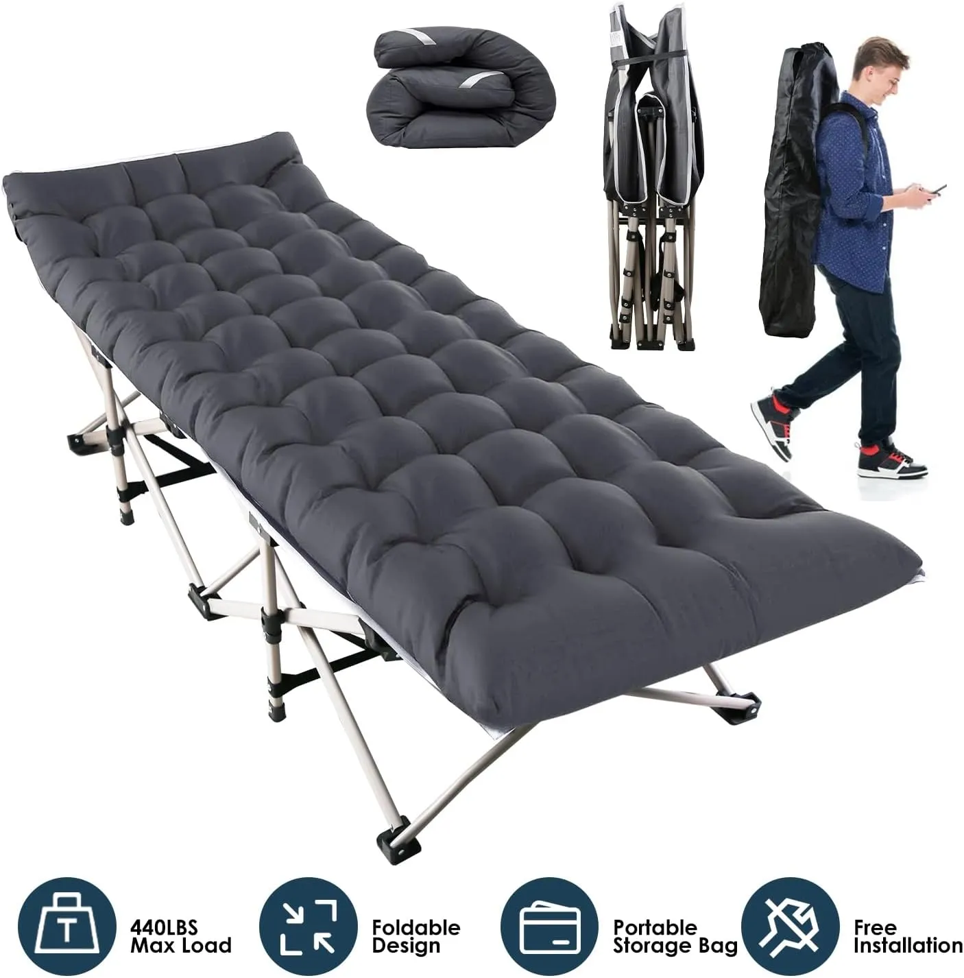 Folding Camping Cot for Adults with Carry Bag，Collapsible Travel Camp Cot Folding Bed with Mattress，Portable Futon Bed for Camp Office Use Outdoor Cot Bed for Traveling，Support 440lbs，Black