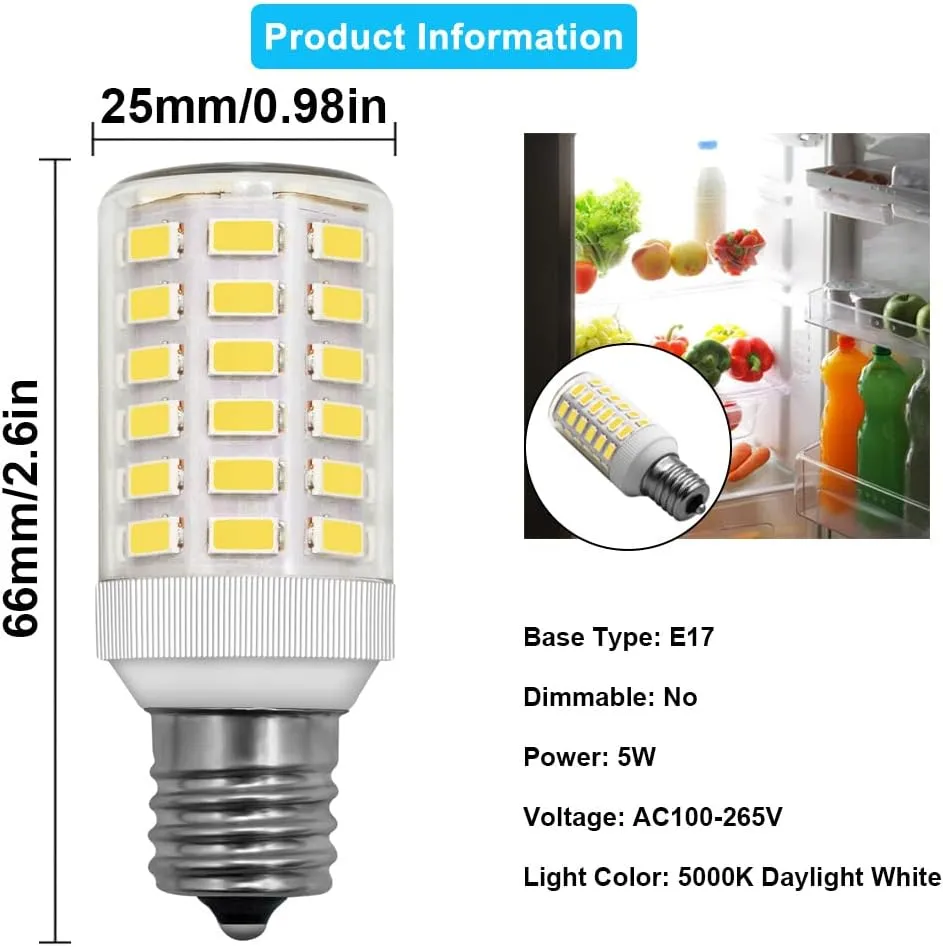 Frigidaire Freezer Light Bulb Replacement E17 Intermediate Base Compatible with Kenmore Refrigerator Replace 5304517886 KEI D28A KEL2811 KEI D28M Daylight White 5W Compact Bright Lighting, 2 Pack