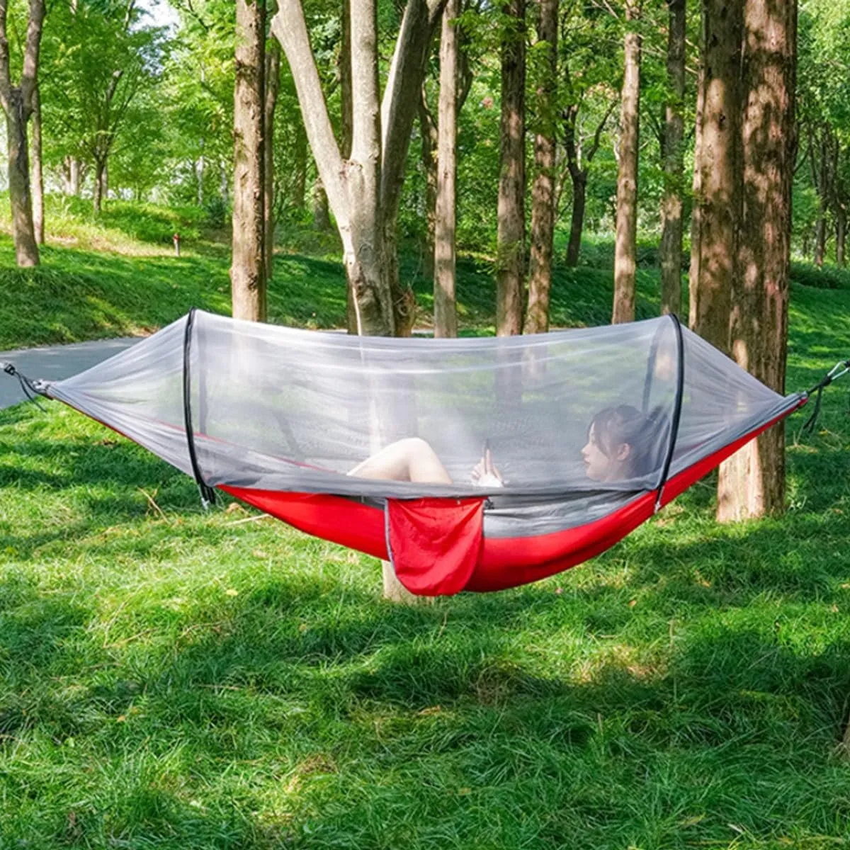 Full Coverage Zippered Portable Anti-Rollover Mosquito net Hammock with Strong Load-Bearing Capacity, Perfect for Backpacking and Hiking(Army Green,260 * 140cm)