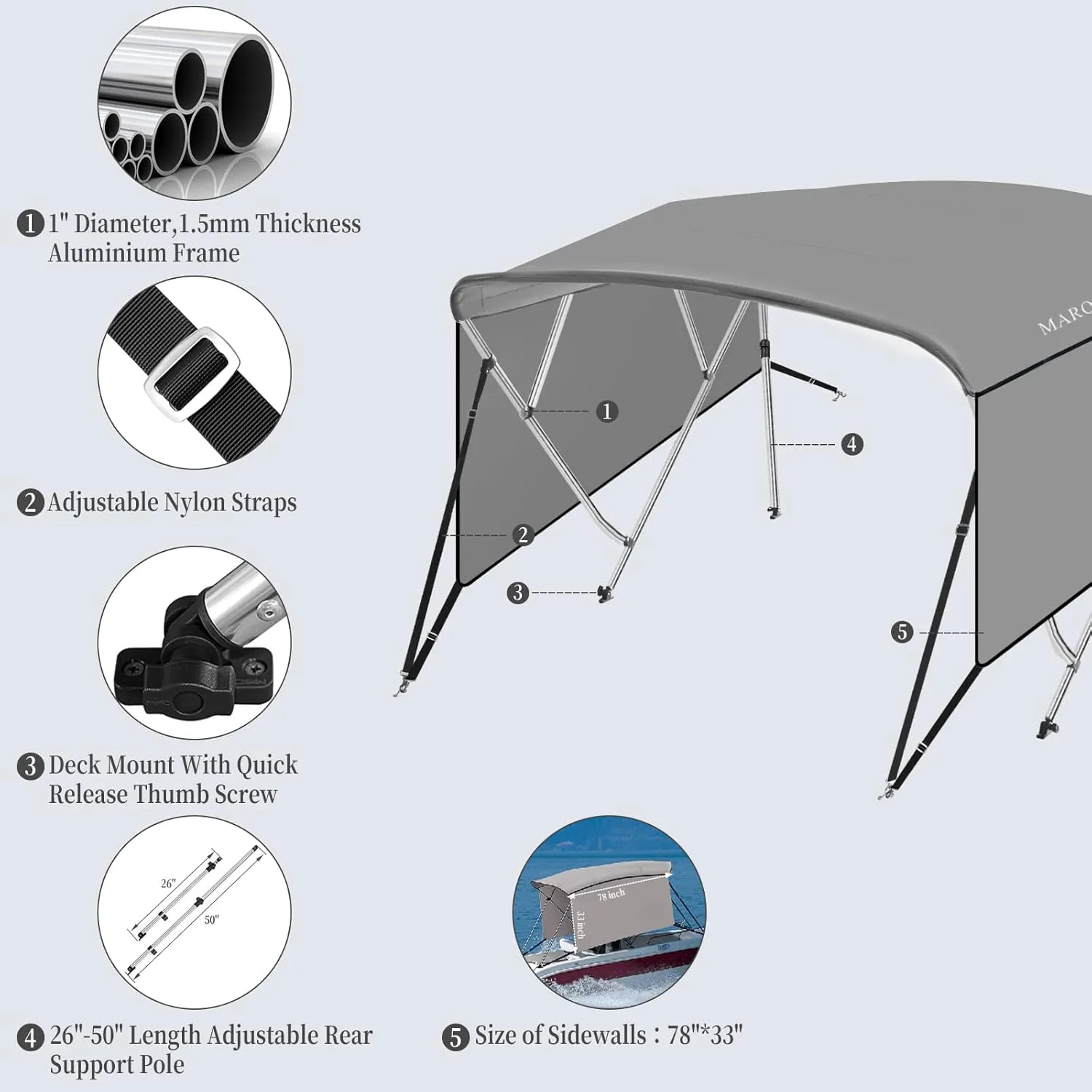 GAOMON 4 Bow Bimini Top Boat Cover with 1” Aluminum Alloy Frame, Include 2 Straps, 2 Adjustable Rear Support Pole, Zippered Storage Boot, PU Coating Canvas