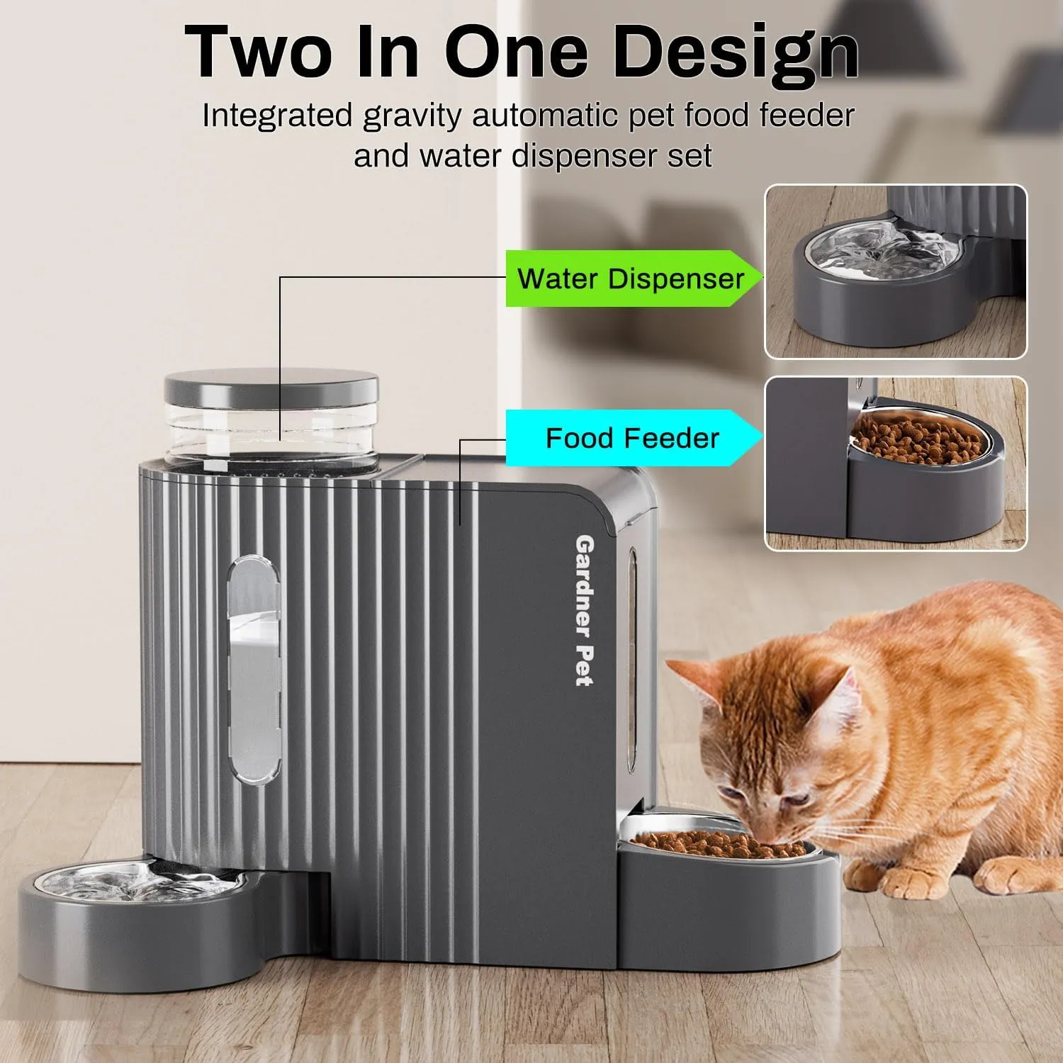 Gardner Pet Automatic Gravity Cat Food Feeder and Water Dispenser Stainless Steel Two-in-One Set Large Capacity Dispenser for Pets Dogs, Puppies, Kittens, Rabbits