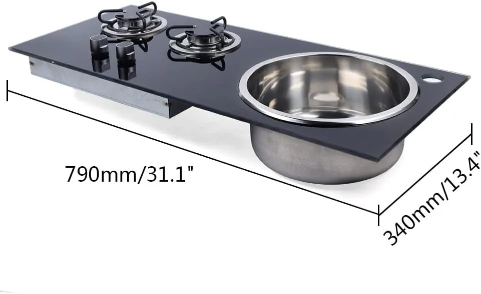 Gas Camping Stove, 2 Burners Gas Stove Hob Stainless Steel Gas Sink Combo RV Cooktop Stove Burner with Tempered Glass Lid for Boat, RV, Camper, Caravan, Outdoor, Apartments (790 * 340 * 130mm)