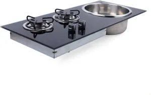 Gas Camping Stove, 2 Burners Gas Stove Hob Stainless Steel Gas Sink Combo RV Cooktop Stove Burner with Tempered Glass Lid for Boat, RV, Camper, Caravan, Outdoor, Apartments (790 * 340 * 130mm)