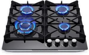 Gas Stove Top 24 inch Eascookchef, 24 inch Gas Cooktop 4 Burner, Gas Stove Top NG/LPG Convertible, Black Tempered Glass Propane Cooktop with Thermocouple Protection, Bulit-in Gas Hob
