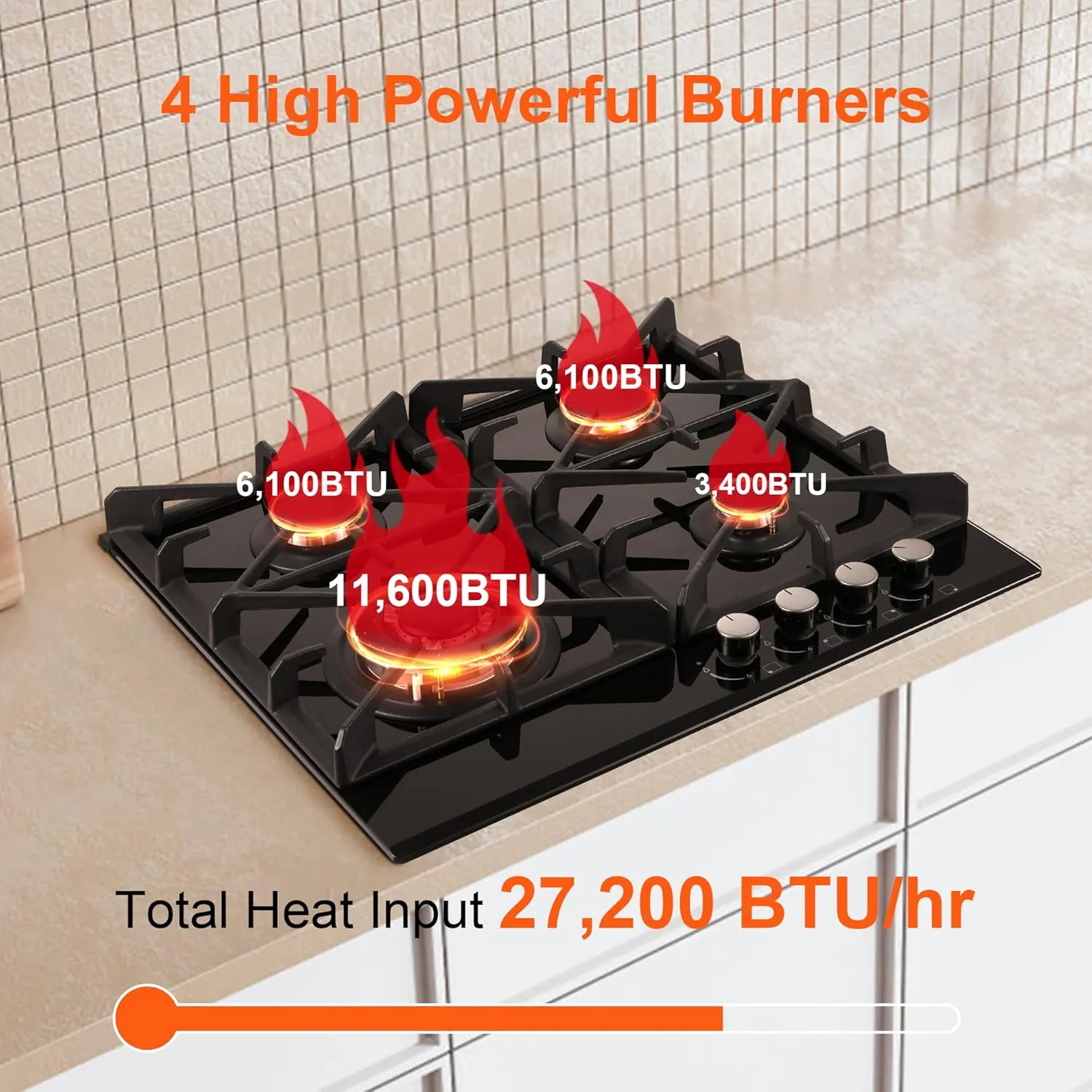 Gas Stove Top 24 inch Eascookchef, 24 inch Gas Cooktop 4 Burner, Gas Stove Top NG/LPG Convertible, Black Tempered Glass Propane Cooktop with Thermocouple Protection, Bulit-in Gas Hob