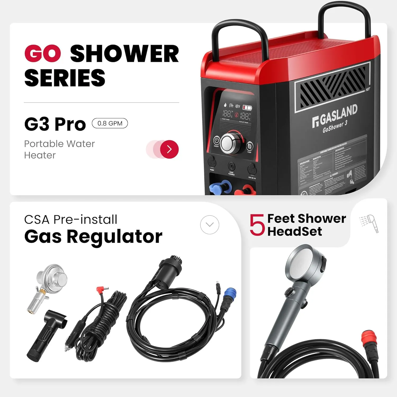 GASLAND Goshower G3 Pro 1lb Propane Portbale Water Heater with Pump | 4000mAh Rechargeable Battery | MAX 100mins Shower Time | Outdoor Propane Camping Shower Heater | Overheating Protection