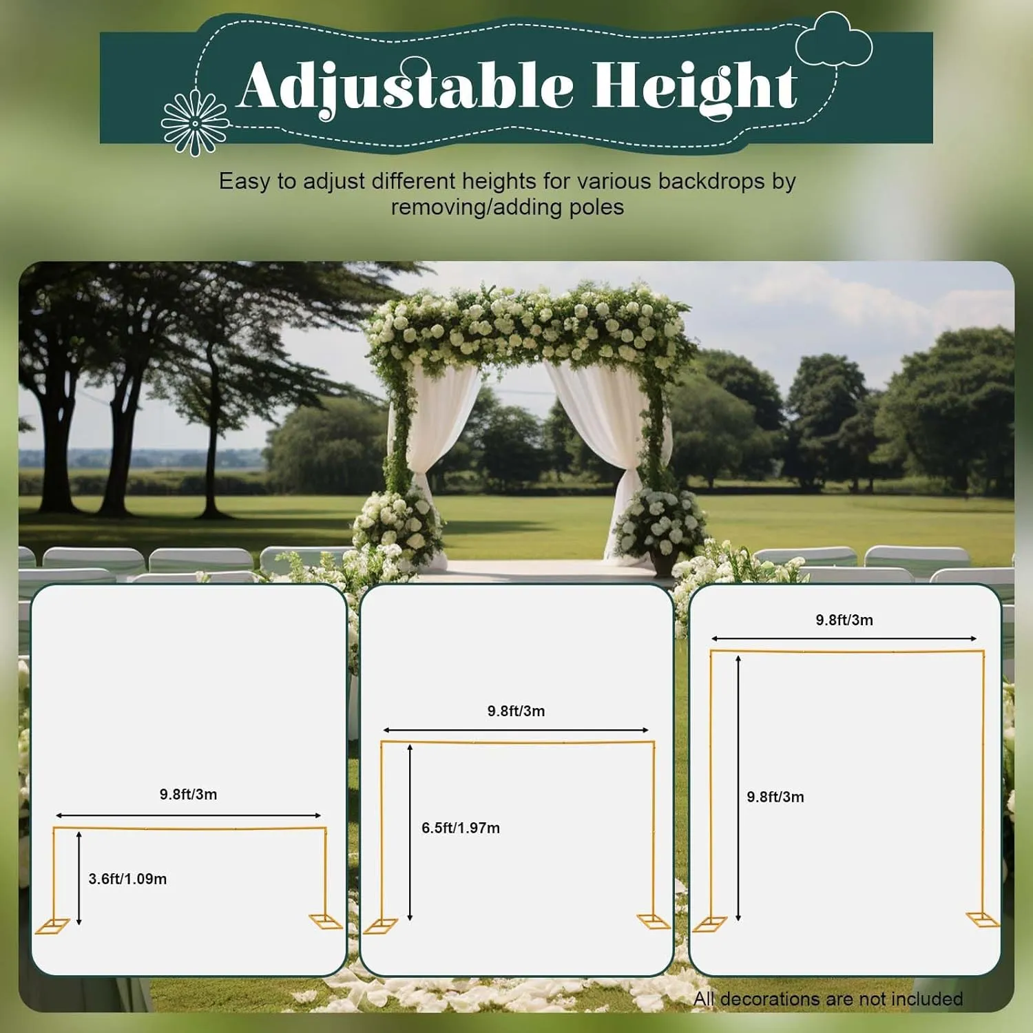 Gdrasuya10 9.8FT x 9.8FT Square Metal Wedding Garden Arch with Adjustable Height for Anniversary Birthday Party Bridal Shower Decoration Home Decor