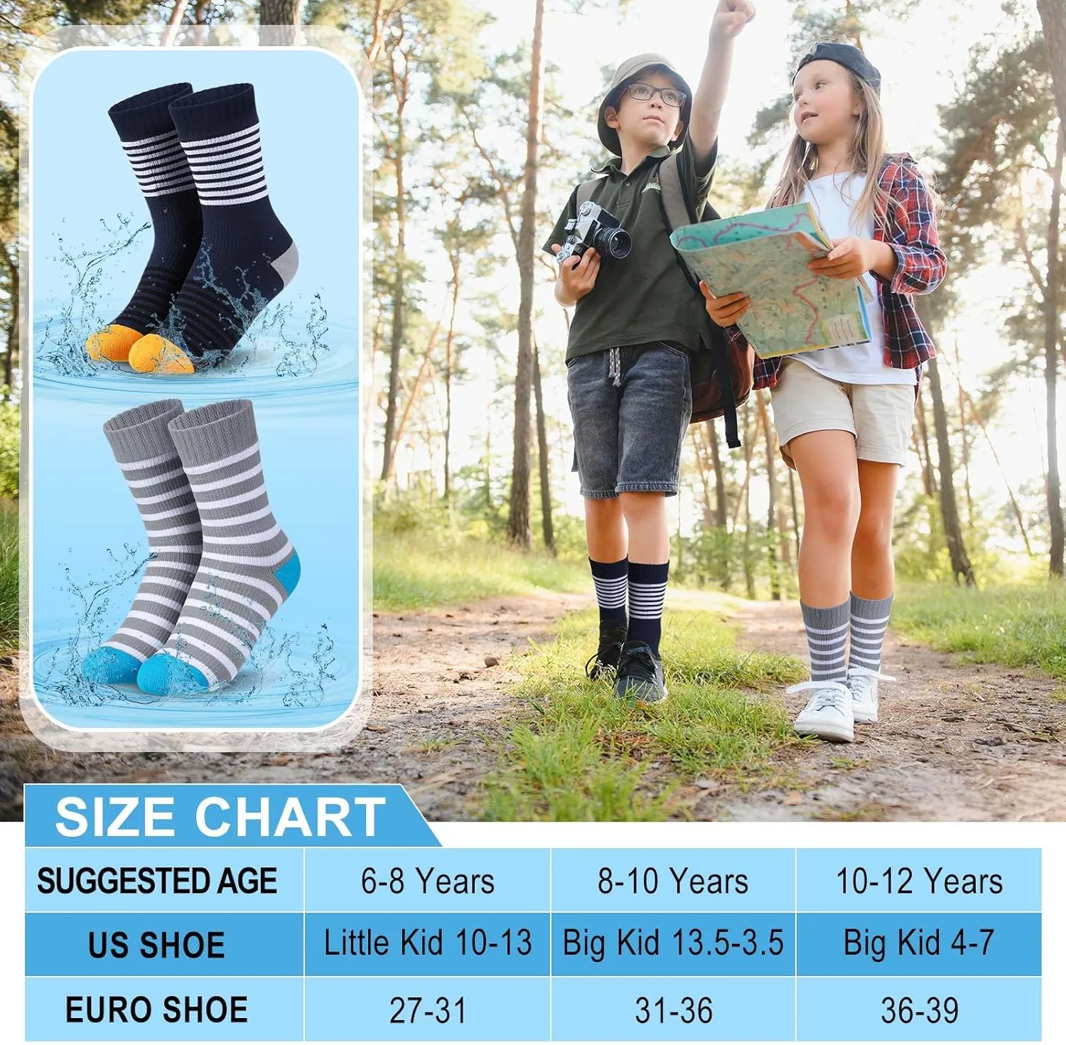 Geyoga 2 Pairs Waterproof Socks for Kids Girls Boys Breathable Skiing Hiking Socks for Travel Camping Wading