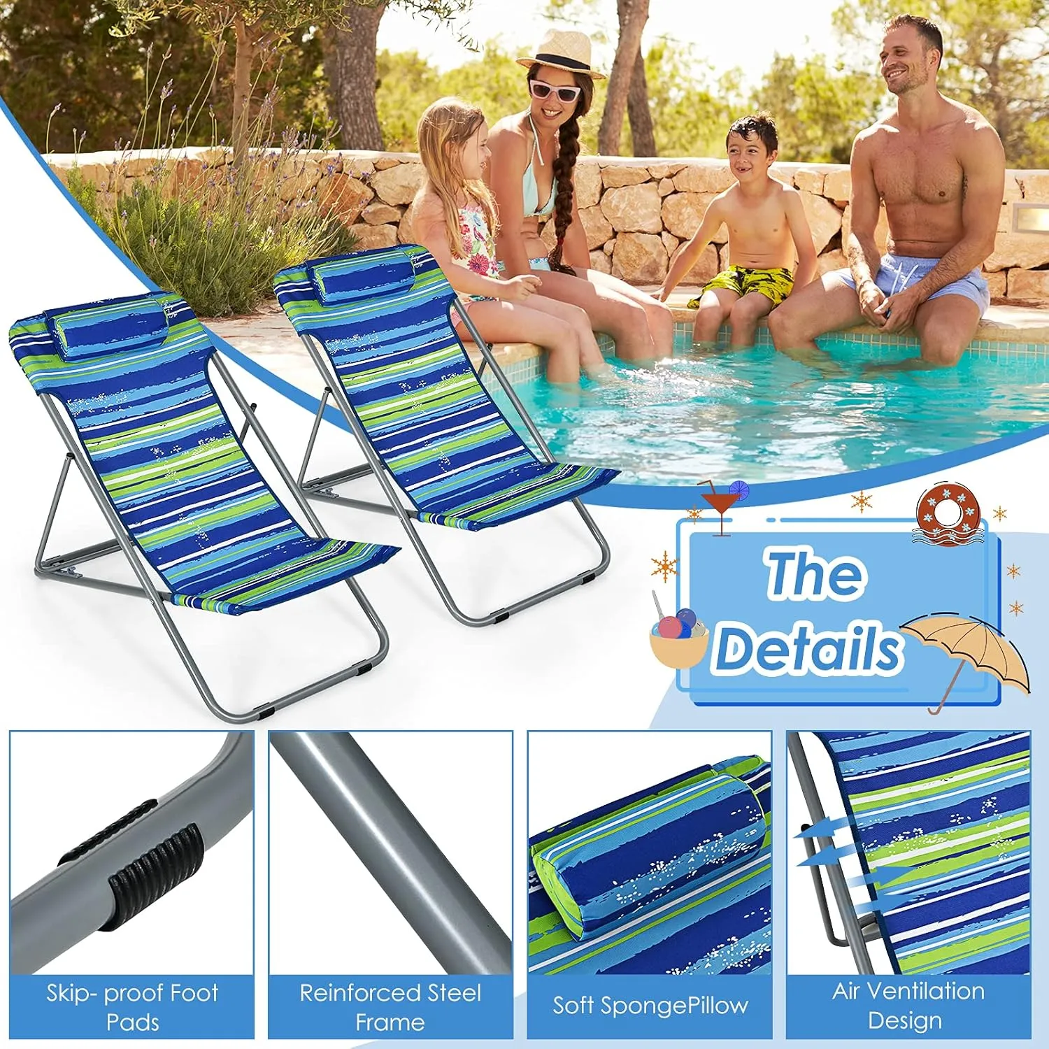 Giantex Beach Chair for Adults Camping Chair Set, Sunbathing Backpack Folding Recliner with 3 Adjustable Position, Lockable System, Headrest, Non-Slip Foot Pads, Lightweight Sand Chair (2, Blue)