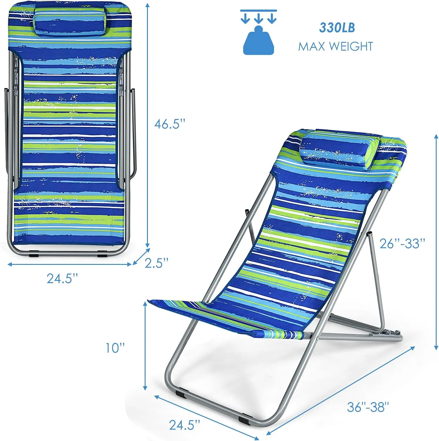 Giantex Beach Chair for Adults Camping Chair Set, Sunbathing Backpack Folding Recliner with 3 Adjustable Position, Lockable System, Headrest, Non-Slip Foot Pads, Lightweight Sand Chair (2, Blue)