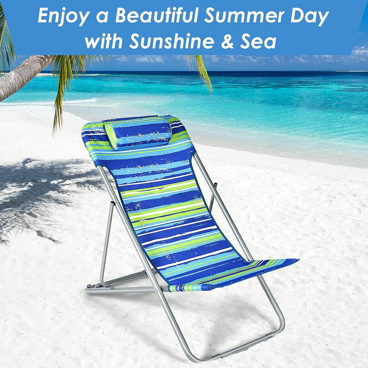 Giantex Beach Chair for Adults Camping Chair Set, Sunbathing Backpack Folding Recliner with 3 Adjustable Position, Lockable System, Headrest, Non-Slip Foot Pads, Lightweight Sand Chair (2, Blue)
