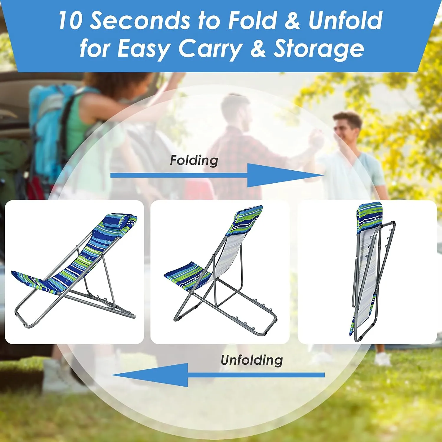 Giantex Beach Chair for Adults Camping Chair Set, Sunbathing Backpack Folding Recliner with 3 Adjustable Position, Lockable System, Headrest, Non-Slip Foot Pads, Lightweight Sand Chair (2, Blue)