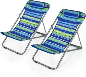 Giantex Beach Chair for Adults Camping Chair Set, Sunbathing Backpack Folding Recliner with 3 Adjustable Position, Lockable System, Headrest, Non-Slip Foot Pads, Lightweight Sand Chair (2, Blue)