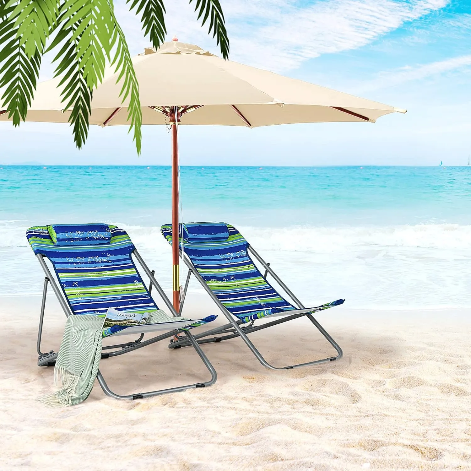 Giantex Beach Chair for Adults Camping Chair Set, Sunbathing Backpack Folding Recliner with 3 Adjustable Position, Lockable System, Headrest, Non-Slip Foot Pads, Lightweight Sand Chair (2, Blue)