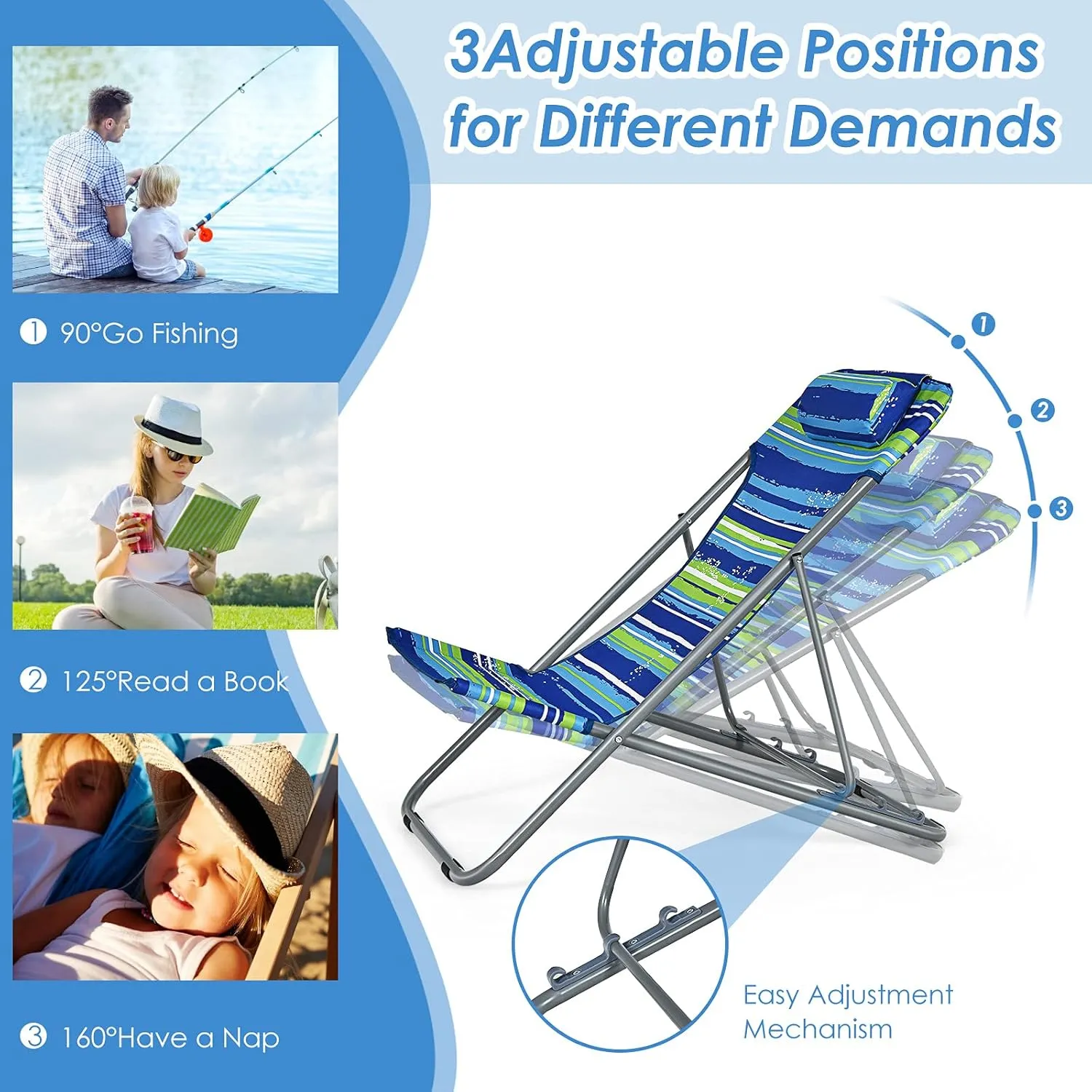 Giantex Beach Chair for Adults Camping Chair Set, Sunbathing Backpack Folding Recliner with 3 Adjustable Position, Lockable System, Headrest, Non-Slip Foot Pads, Lightweight Sand Chair (2, Blue)