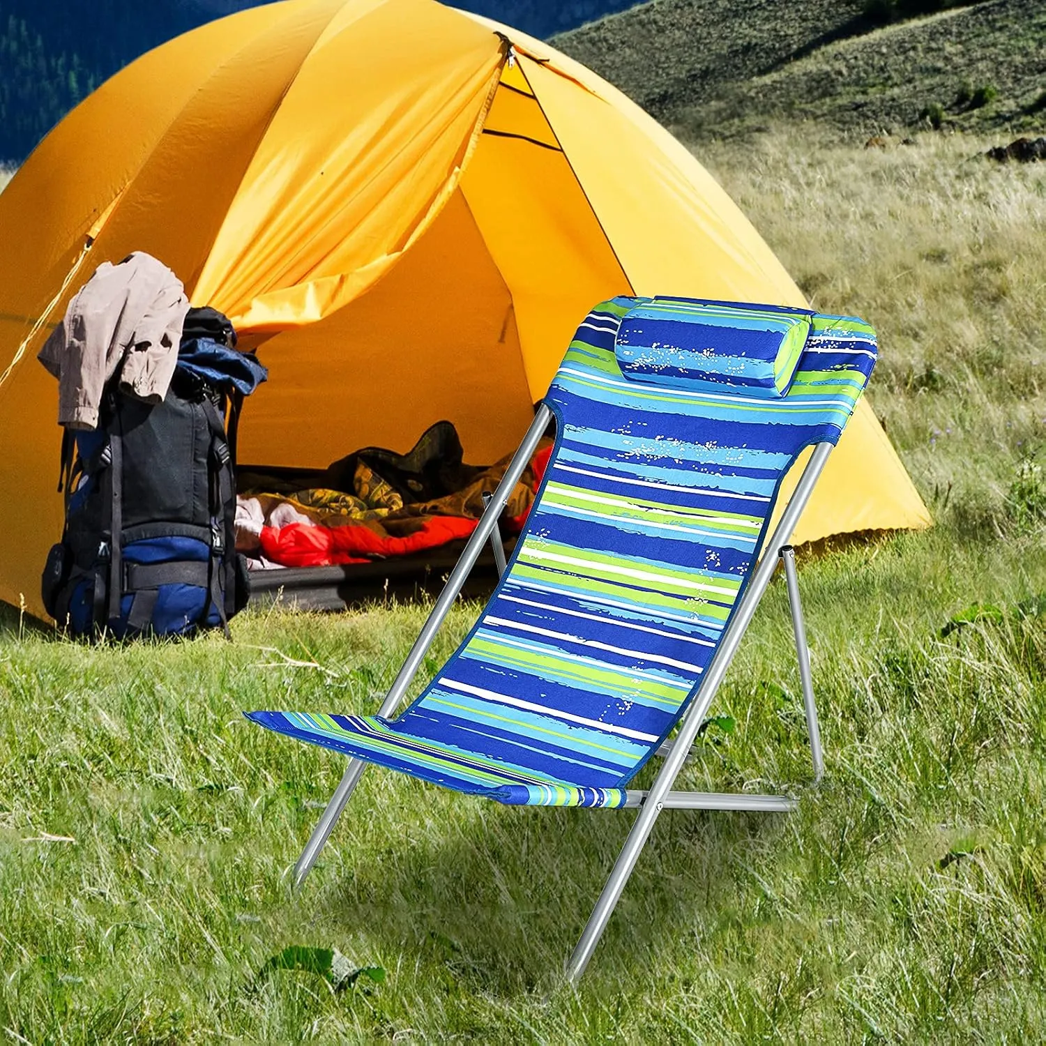 Giantex Beach Chair for Adults Camping Chair Set, Sunbathing Backpack Folding Recliner with 3 Adjustable Position, Lockable System, Headrest, Non-Slip Foot Pads, Lightweight Sand Chair (2, Blue)