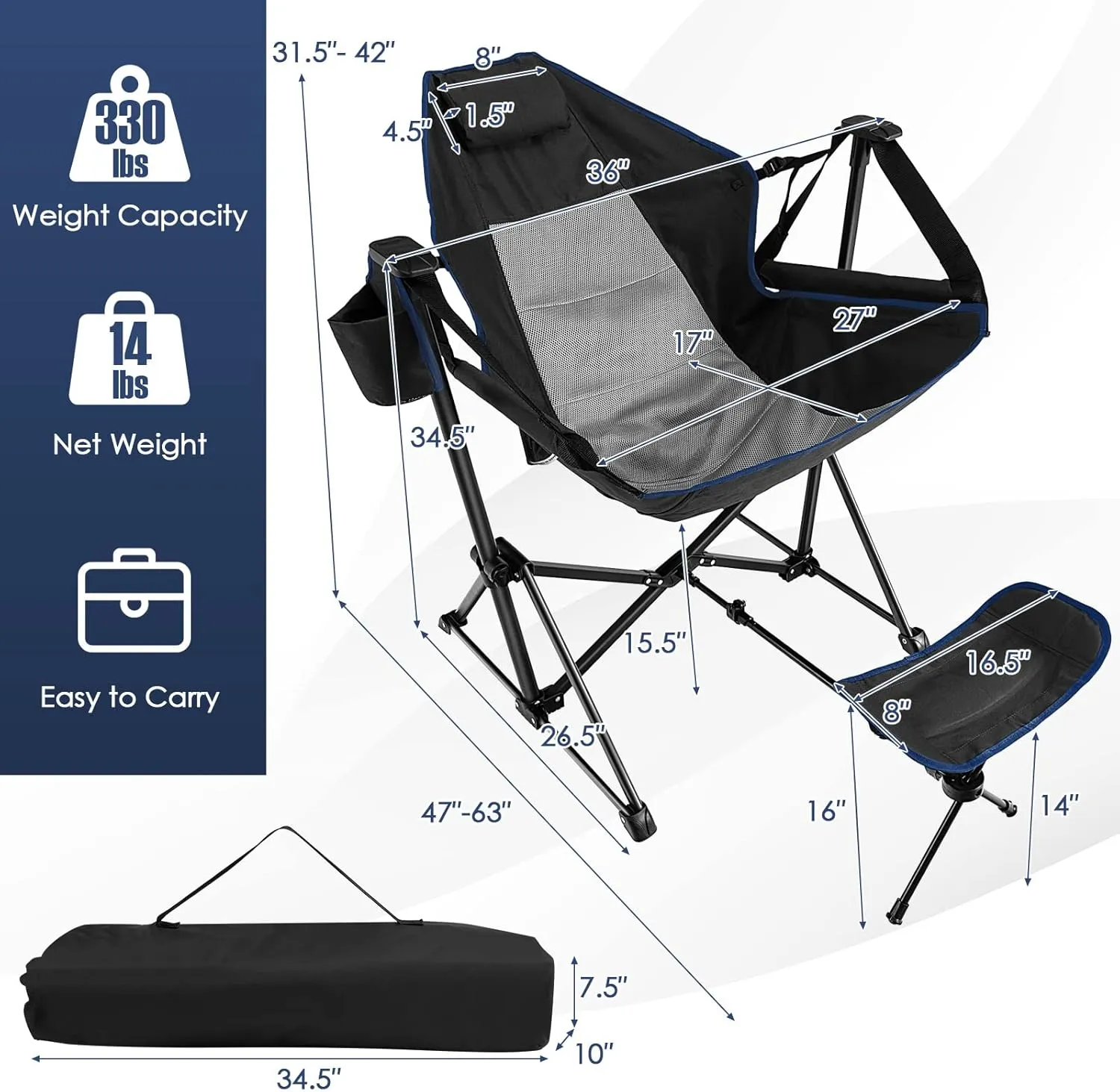 Giantex Outdoor Hammock Camping Chair - Rocking Chair with Removable Footrest, Adjustable Backrest, Pillow, Cup Holder, Storage Bag, Portable Fishing Chair for Poolside Patio Folding Chair (1, Black)