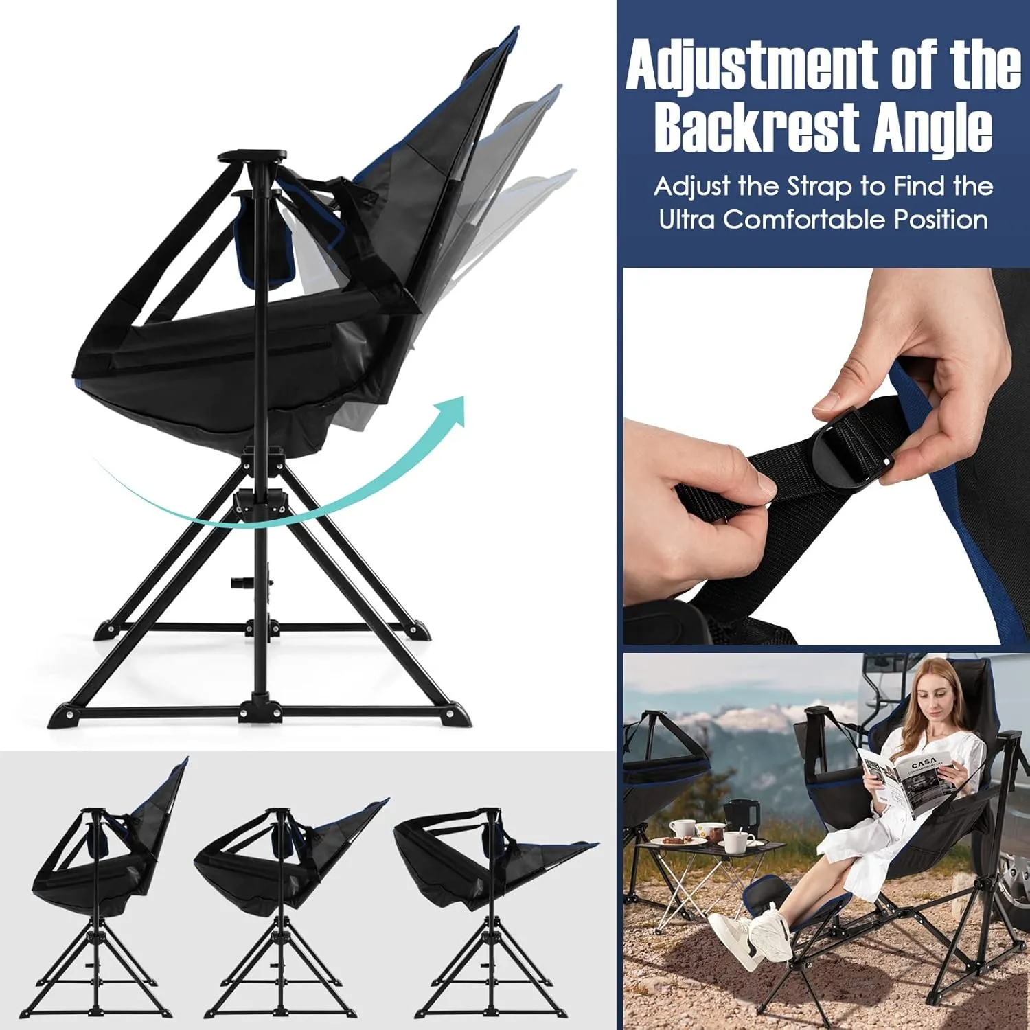 Giantex Outdoor Hammock Camping Chair - Rocking Chair with Removable Footrest, Adjustable Backrest, Pillow, Cup Holder, Storage Bag, Portable Fishing Chair for Poolside Patio Folding Chair (1, Black)