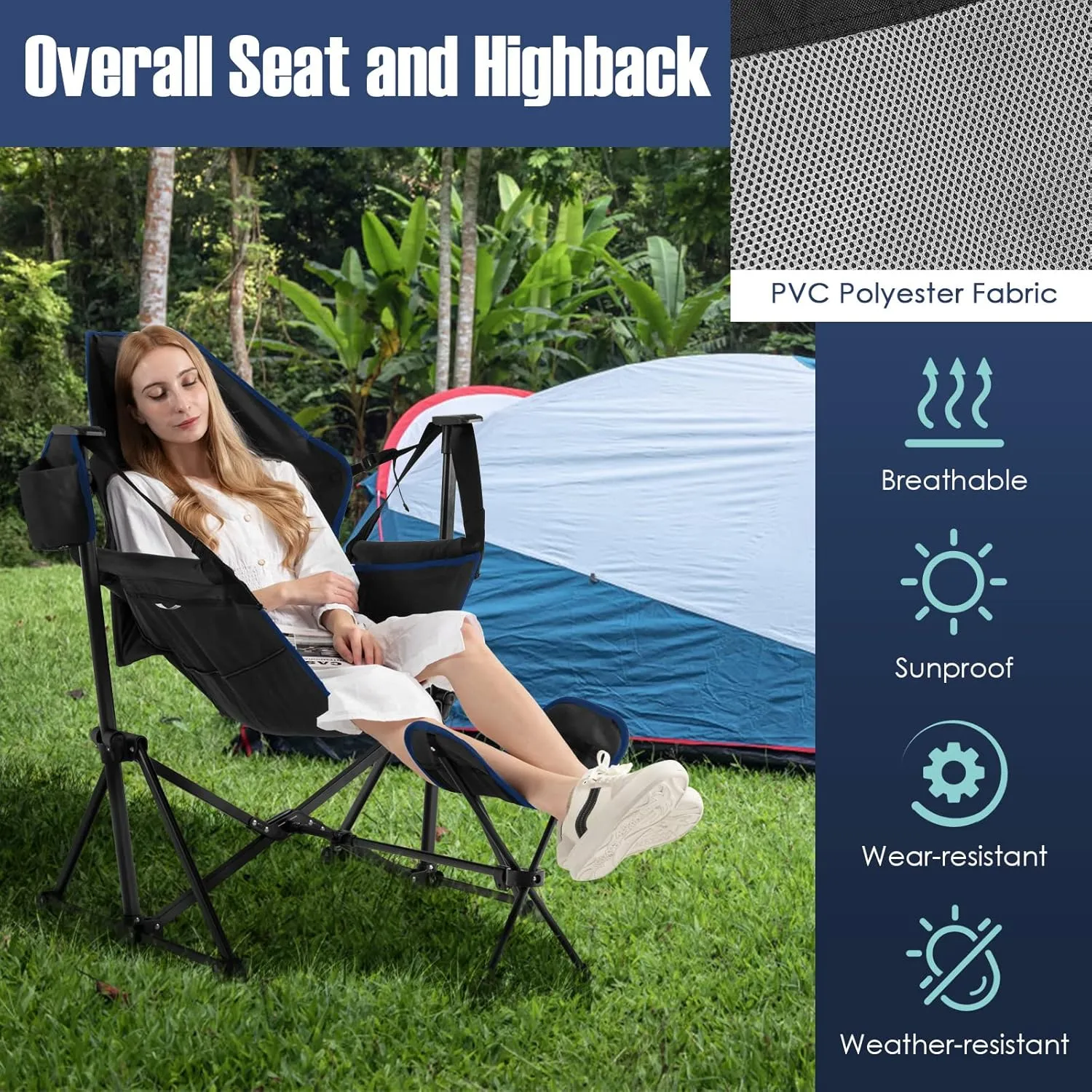 Giantex Outdoor Hammock Camping Chair - Rocking Chair with Removable Footrest, Adjustable Backrest, Pillow, Cup Holder, Storage Bag, Portable Fishing Chair for Poolside Patio Folding Chair (1, Black)