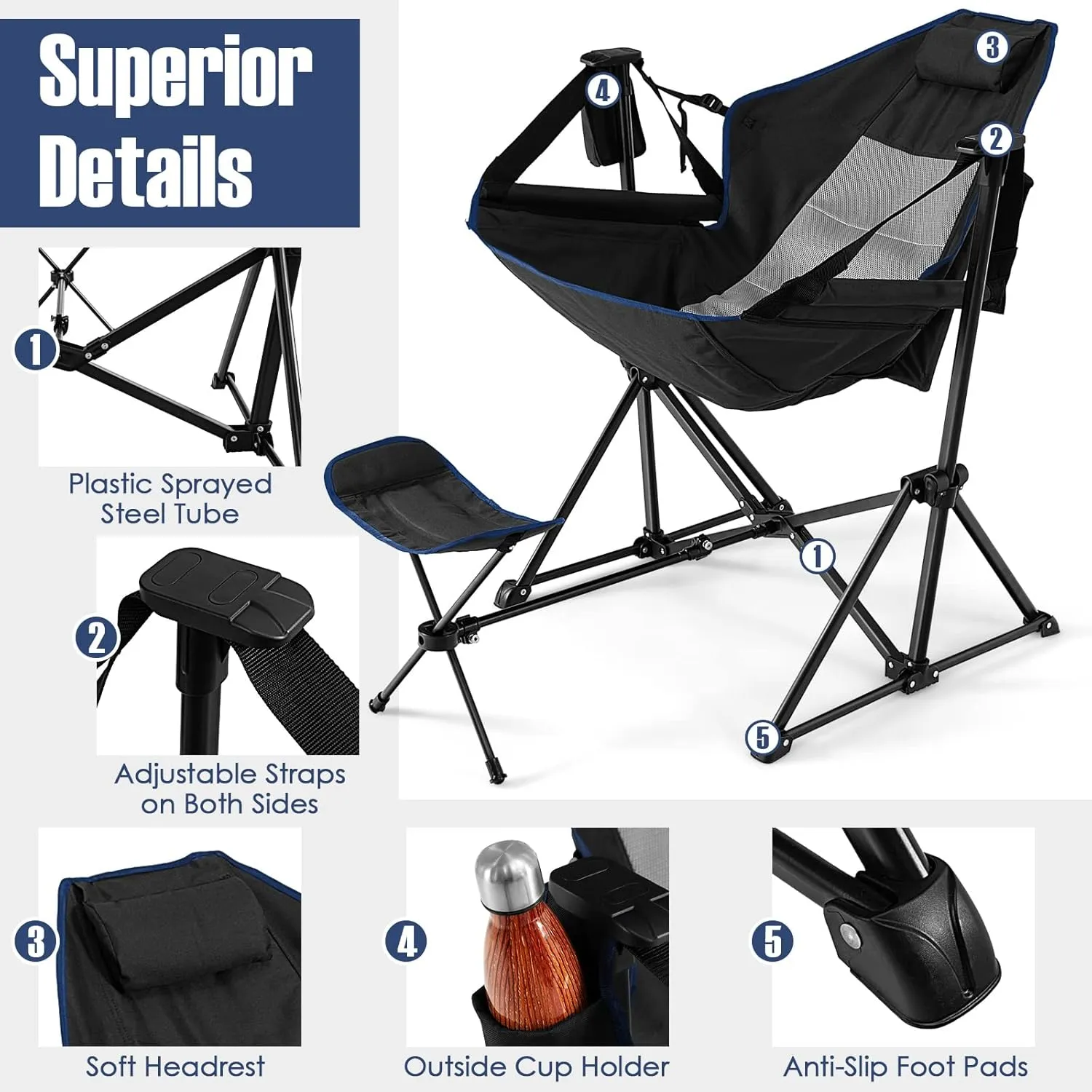 Giantex Outdoor Hammock Camping Chair - Rocking Chair with Removable Footrest, Adjustable Backrest, Pillow, Cup Holder, Storage Bag, Portable Fishing Chair for Poolside Patio Folding Chair (1, Black)