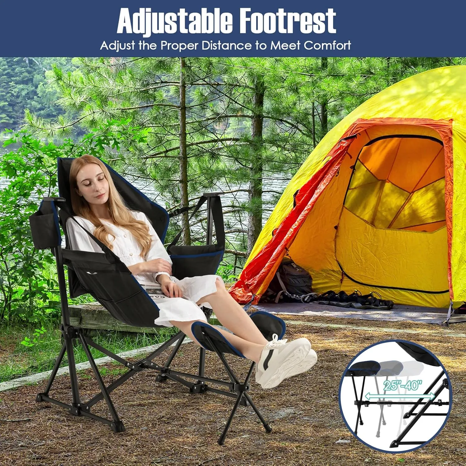 Giantex Outdoor Hammock Camping Chair - Rocking Chair with Removable Footrest, Adjustable Backrest, Pillow, Cup Holder, Storage Bag, Portable Fishing Chair for Poolside Patio Folding Chair (1, Black)