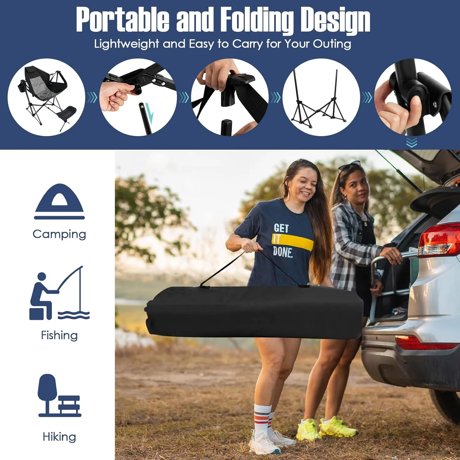 Giantex Outdoor Hammock Camping Chair - Rocking Chair with Removable Footrest, Adjustable Backrest, Pillow, Cup Holder, Storage Bag, Portable Fishing Chair for Poolside Patio Folding Chair (1, Black)