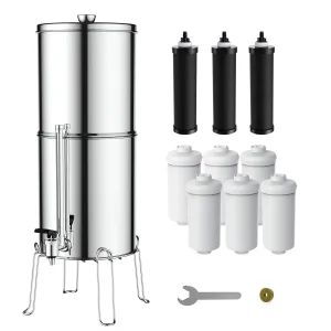 Glacier Fresh Gravity-fed Water Filter System with 9 Filters, 3G Stainless-Steel System, Metal Water Level Spigot, and Stand